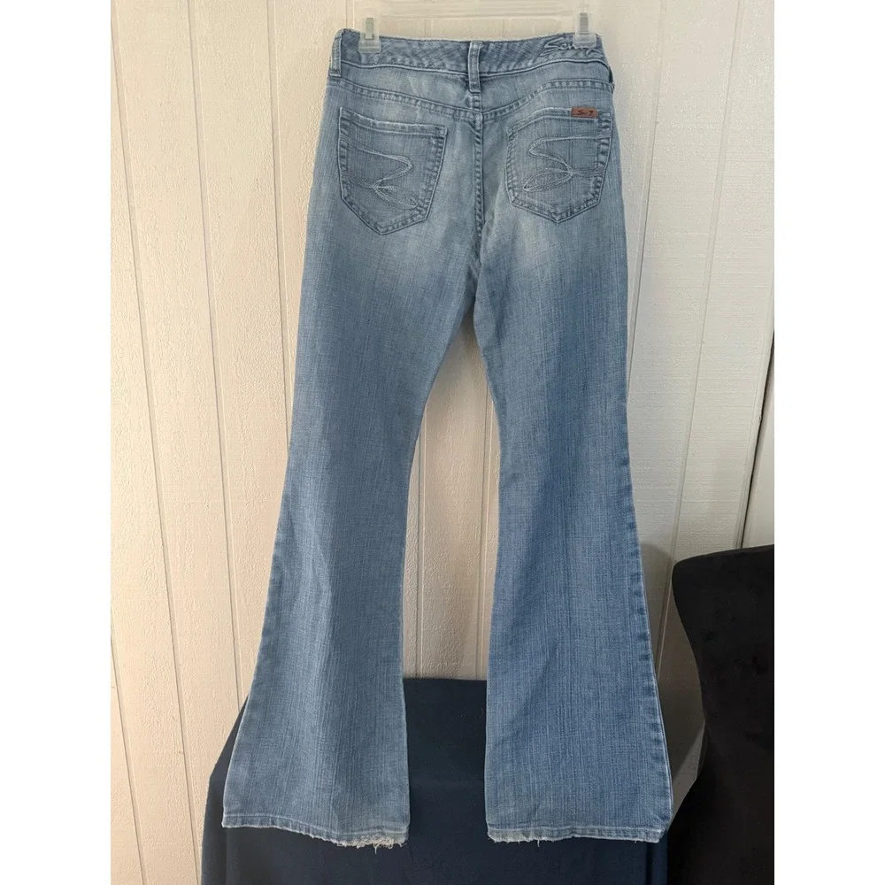 Seven7 Women Light Wash Flare Jeans Distressed Denim Size 28